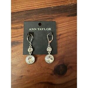 Ann Taylor Silver Tone Crystal Solitaire Round Stone Earrings Dangle Drop NWT
